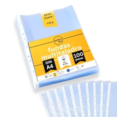 Imagen de perfect line 100 fundas transparentes tamaño folio DIN A4, A4 archivador, alta visibilidad, lisas, extrarresistentes y sólidas, sin ácido, fabricación en la UE