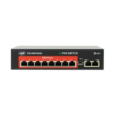 Imagen de Conmutador PoE PNI SWPOE82, 8 Puertos de 100 Mbps y 2 UP Link Mbps, 120 W, función AI Extender hasta 250 m, protección contra Rayos 4 kV