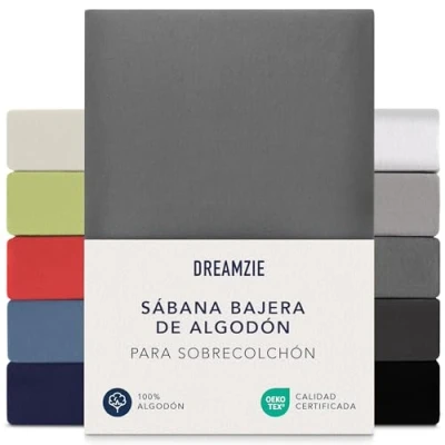 Imagen de Dreamzie Sabanas 180x200 cm 200x200 cm, Sabana Bajera para Colchones de hasta 15 Altura, 100% Algodon 150 g/m² Antracita Certificada sin Productos Químicos (Oeko Tex)