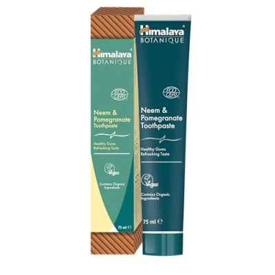 Imagen de Ecocert Cosmos Natural Certified Himalaya Botanique Neem &amp; Pomegranate Toothpaste con extractos de hierbas orgánicas, combate la placa, aclara los dientes, sin flúor, SLS, crueldad, 75 ml