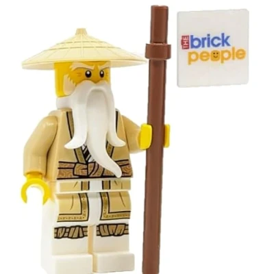 Imagen de Lego Ninjago: Minifigura Sensei Wu con batas bronceadas, bastón de batalla y cola caballo trenzada