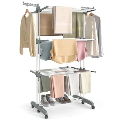 Imagen de SONGMICS Tendedero, Tendedero Plegable de 4 Niveles, con Ruedas, Alas Plegables, 63,5 x 125,5 173 cm, Gran Capacidad, Montaje Fácil, Uso Interior y Exterior, Blanco Nube Gris Paloma LLR703WZ02