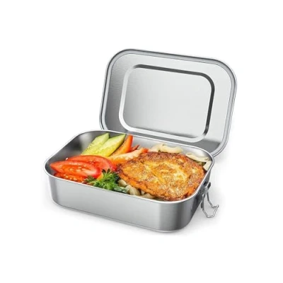 Imagen de OITUGG Fiambrera acero inoxidable 1400ml Lunch Box para adulto, con 1 pieza separador extraíble, Diseñado Hebillas a presión y anillo de silicona dentro las tapas, 20 x14 x6.6cm