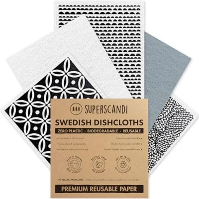 Imagen de SUPERSCANDI Bayeta Sueca Super Absorbente, Reutilizable Y Ecologica Paños De Cocina Biodegradables Celulosa Algodón Trapo Cocina, Limpieza Pack x5, Artdeco Blanco