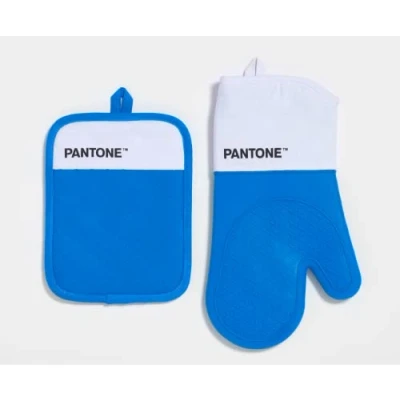 Imagen de Pantone™ Juego de Cocina Compuesto por Guante Horno + agarrador, algodón con Agarre Antideslizante Silicona Útiles Accesorios Resistentes al Calor hasta 250 C Blanco/Azul