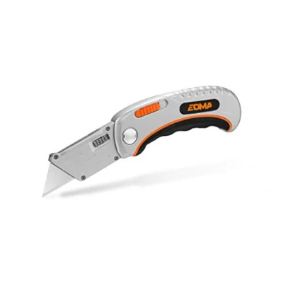Imagen de EDMA Cúter Plegable de Hoja Trapezoidal Cuchillo con Sistema Cambio Rápido y Bloqueo Seguridad 170355 Herramienta Manual Calidad para Uso Profesional Doméstico