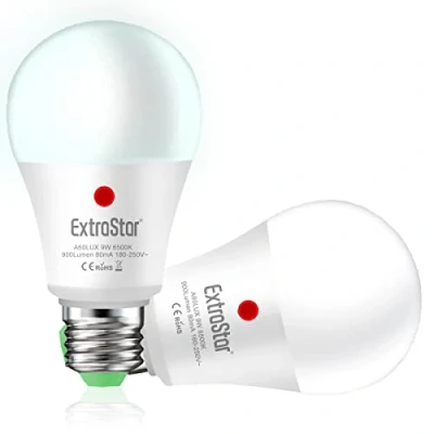 Imagen de EXTRASTAR Bombilla LED con Sensor Crepuscular Day/Night, E27, 900Lm, 9W, Equivalente a 72W, Luz Blanca Fría 6500K, Encendido/Apagado Automático, Para Pasillo, Jardín, Terraza, 2Pcs