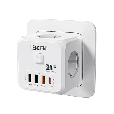 Imagen de LENCENT Enchufe USB Cubo con Carga Rápida PD35W, Ladron 4000W 3 Tomas de CA, y 1 Multiple Pared Interruptor, Cargador para Familia, Cocina Oficina