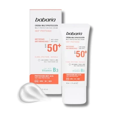 Imagen de Babaria Crema Facial Multiprotectora SPF 50+ Antiedad y Antimanchas, Alta Protección UVA/UVB, Infrarrojos HEV, Antipolución, Uso Diario 50 ml
