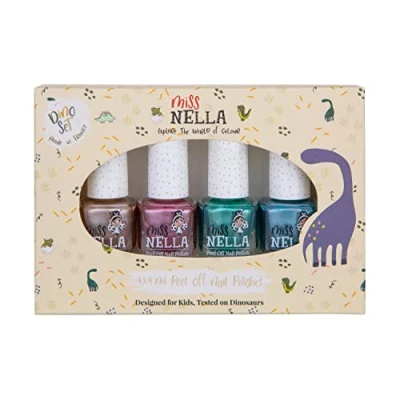 Imagen de Miss Nella DINO COLLECTION Paquete de 4 esmaltes uñas a base agua, peel off, sin olor y seguro por los niños cobre, rosa, azul &amp; verde
