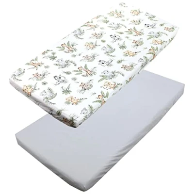 Imagen de TupTam Sábana Ajustable para Cuna Bebé 2 Pack, Safari/León/Marrón/Hojas/Verde/Gris, 70 x 140 cm