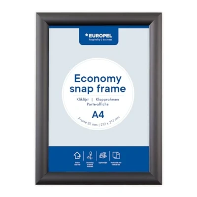 Imagen de Europel Marco Economy Snap A4, color negro, perfil de aluminio 25 x 11 mm, para carteles 21 29,7 cm, película antirreflectante, visualización publicidad, menús, hotel, oficina, restaurante