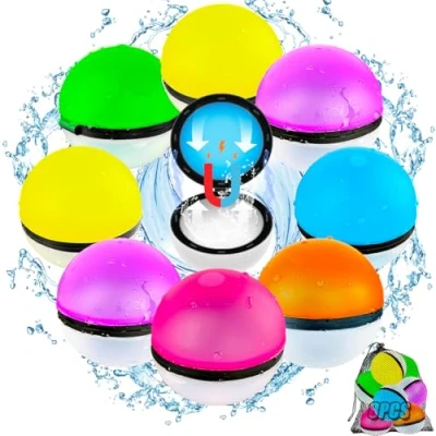 Imagen de Bombas de Agua Silicona Llenado Rápido Magneticas, 8 Globos Reutilizables, Unidades Bolas Colores Autosellantes, Juguetes Acuáticos Verano para Niños y Adultos Piscina, Playa