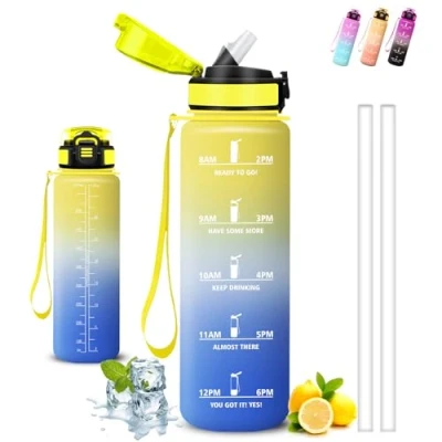 Imagen de Botella Agua 1 litro Gimnasio, A Prueba de Fugas, Cantimplora con Pajita, Reutilizable, Water Bottle Cierre Seguridad, para la Correr, Fitness, Ciclismo, Acampada, Deportes, Yoga