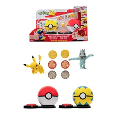 Imagen de BANDAI Pokémon Poké Ball Ataque Sorpresa Juego de Lucha 2 Balls con Sus y 6 Discos Pikachu Machoc JW2721