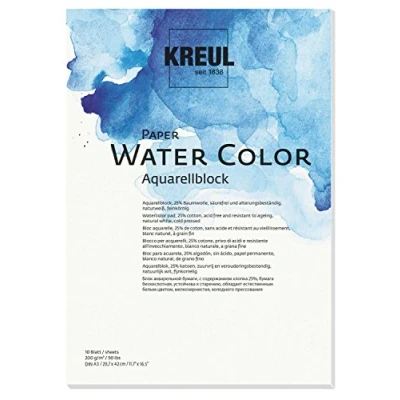 Imagen de KREUL 69012 Papel Water Color, Bloc, DIN A3, 200 g/m, 10 Hojas, sin ácido y Resistente al envejecimiento, Blanco Natural, para Pintar con Acuarelas témperas, Multicolor, One Size (69012)