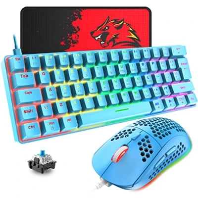 Imagen de T60 Juego de Teclado y Mouse Con Cable, Mecánico 60% Compacto 62 Teclas, 19 Luces LED Arcoíris, UK Layout + Ratón para Juegos PS4 6400 DPI Pad PC, Mac Interruptor Azul/Azul