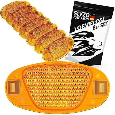 Imagen de Reflectores para radios de bicicleta extra reforzados con clips acero, juego 8 unidades, color naranja, ojos gato certificado StVZO, MTB, trekking y niños