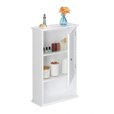 Imagen de Relaxdays Mueble de Baño Colgante con Puerta Persiana, 3 Niveles, Poca Profundidad, 70 x 42 16,5 cm, Compacto, Blanco, Tablero Fibras