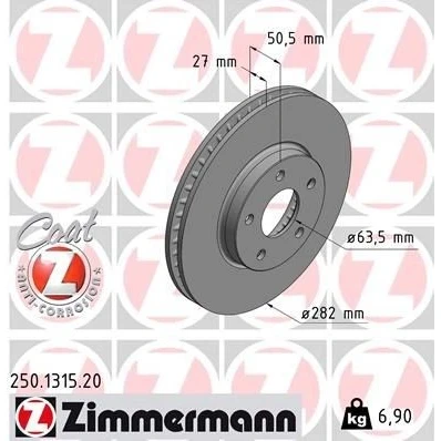 Imagen de ZIMMERMANN 250.1315.20 Disco de freno 282 27 5/5 5 108 ventilación interna revestido FORD: Focus Mk4 Hatchback