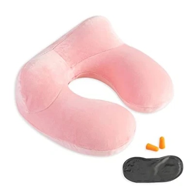 Imagen de Almohada de Viaje Inflable Soporte Cuello Terciopelo Suave 100% para Viajar, Aviones, Trenes, Coches y oficinas con Bolsa Transporte compacta, Funda Transpirable Lavable, Rosa