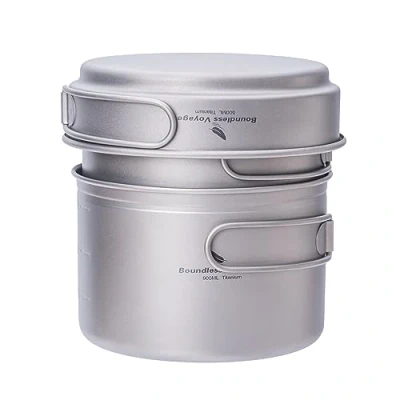 Imagen de iBasingo Juego de ollas titanio 500 ml, 900 ml y 1080 utensilios cocina ultraligeros para camping con mango plegable, taza pequeña exteriores, sartén portátil, senderismo, picnic,