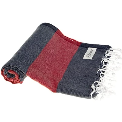 Imagen de Bersuse 100% Algodón Cayman Toalla Turca Fouta de Baño y Playa Oeko Tex 95 x 175 cm, Azul Oscuro/Rojo