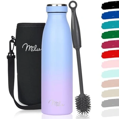 Imagen de Milu botella de acero inoxidable 350ml 500ml 750 ml 1 L 1,5 agua aislada, termo a prueba fugas, doble pared, apta para ácido carbónico + cepillo limpieza (Azul Violeta, 500ml)