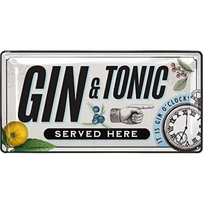 Imagen de cartel de chapa retro para bar, bar con texto en inglés «Gin Tonic SERVED HERE», metal vintage como accesorio alcohol, cóctel its gin o clock