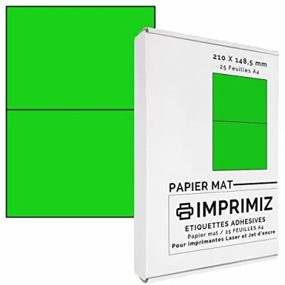 Imagen de Paquete de 50 Etiquetas Adhesivas Tamaño A4 Verde Fluorescente, 25 Hojas con 2 Cada una, Para Impresión Láser y Inkjet