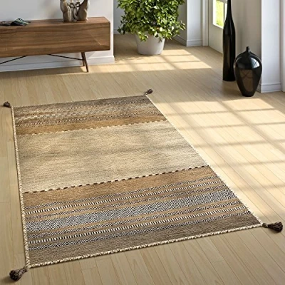 Imagen de Alfombra Natural Salón con Flecos, Tejida A Mano Motivo Kilim, 100% Algodón, tamaño:120x170 cm, Color:Beige