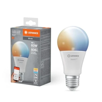 Imagen de LEDVANCE Smarte LED Lampe mit WiFi Technologie, Sockel E27, Dimmbar, Lichtfarbe änderbar (2700 6500K), ersetzt Glühlampen 60 W, SMART+ Classic Tunable White, 1er Pack