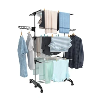 Imagen de Hyfive tendedero de ropa para interiores, caballo, 4 niveles, plegable, ahorro espacio, con zapatero, acero inoxidable, fácil almacenamiento (negro)