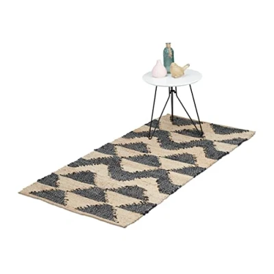 Imagen de Relaxdays Läufer mit Zick Zack Muster 70 x 140 cm Alfombra Pasillo Rectangular, Zigzag, 70x140 cm, Algodón y Yute, Antideslizante, Tejida a Mano, Negro Beige