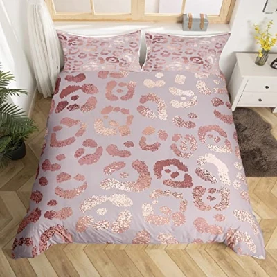 Imagen de Homewish Juego de ropa cama con estampado guepardo individual, funda edredón leopardo color oro rosa, lentejuelas rosas lujo,