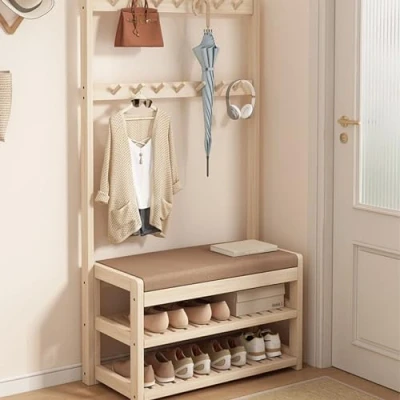 Imagen de KIYIYDMM Perchero de Pie con Zapatero Entrada Recibidor Industrial Madera 3 Estantes y 7/14 Ganchos para Recibidores