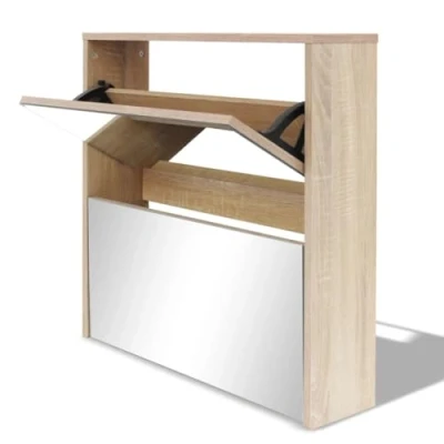 Imagen de vidaXL Mueble Zapatero 2 Capas con Espejo Mobiliario Salón Dormitorio Sala de Estar Organizador Almacenamiento Color Roble 63x17x67 cm