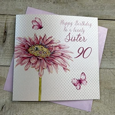 Imagen de WHITE COTTON CARDS bd65 90 &quot;Diente de león, diseño con Texto Happy Birthday To a Lovely Sister 90&quot; Hecha Mano Tarjeta cumpleaños, 90, Color Blanco