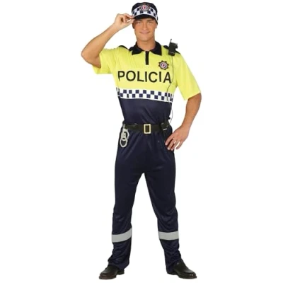 Imagen de FIESTAS GUIRCA Disfraz de Policía Local Hombre Uniforme Azul y Amarillo con Gorro Talla XL 56 58