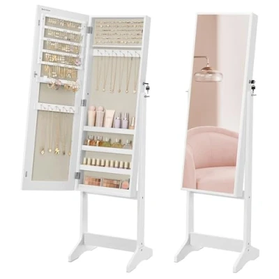 Imagen de SONGMICS Espejo Joyero, Armario para Joyas, Joyero Bloqueable, de Longitud Completa, Idea Regalo, Montaje Sencillo, Superficie Blanca y Forro Beige JJC069W02