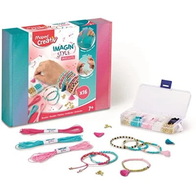 Imagen de Set de Manualidades para Niños Imagin Style Pulseras A Partir 7 Años 2 Técnicas Confección Incluye 3 Hilos No Elásticos, 1 Hilo Elástico, Perlas, Pompones y Caja