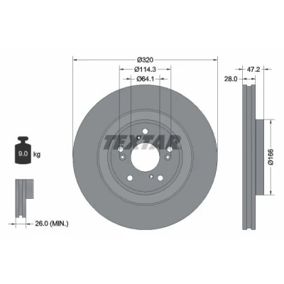 Imagen de TEXTAR 92306203 Disco de freno 320 28 05/09 114,3 ventilación interna revestido sin perno sujeción rueda, buje rueda HONDA: CR V 5