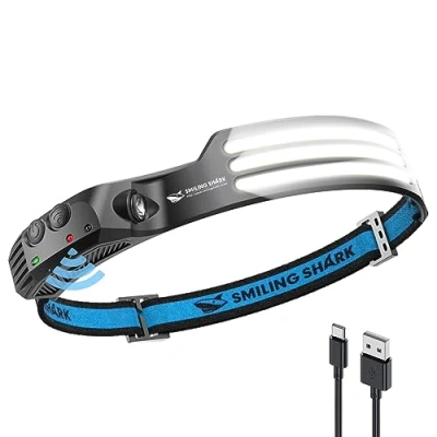 Imagen de Smiling Shark lámpara frontal, 230 , ángulo ancho, 3 luces LED, luz blanca, recargable con sensor de movimiento impermeable para acampar senderismo, frontal LED Camping Light
