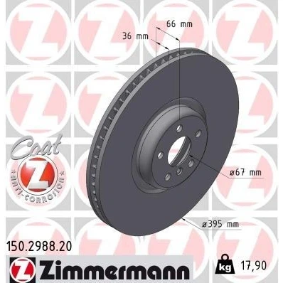 Imagen de ZIMMERMANN 150.2988.20 Disco de freno 395 36 6/5 5 112 ventilación interna revestido altamente carbonizado