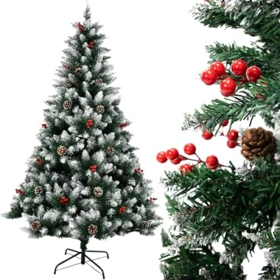 Imagen de Arbol de Navidad Plegable con Decoracion Piña Frutos Rojos y Nieve, Artificial Fibra Natural Verde Robusto Soporte Pie Metal Fácil Montaje para Exterior e Interior (150cm 450Tips)