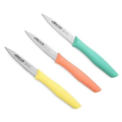 Imagen de Arcos Set Cuchillos Mondadores. 3 Piezas Acero Inoxidable. Cocina Peladores Multicolor para Pelar Frutas y Verduras. Mango Ergonómico Polipropileno. Serie Nova. Naranja, Amarillo Azul.