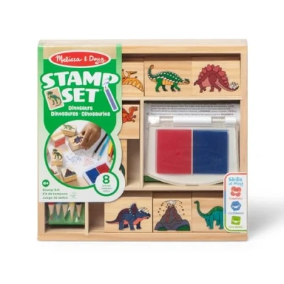 Imagen de Melissa &amp; Doug Juego de sellos madera, Dinosaurios, 8 sellos, 5 lápices y una almohadilla tinta, Juguete creativo Actividades creativas, Regalo para niños niñas 3 4 6 7 Años