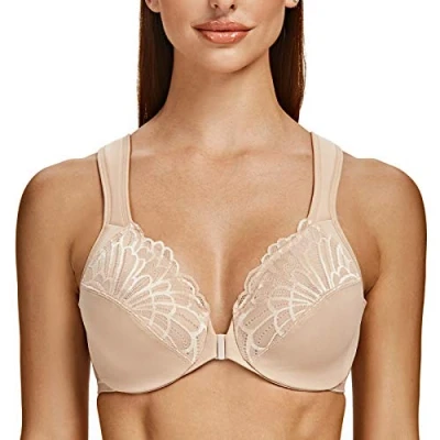 Imagen de MELENECA Sujetador Cierre Delantero con Aros Encaje Talla Grande Relleno Correas Acolchadas para Mujer Beige pálido 105B