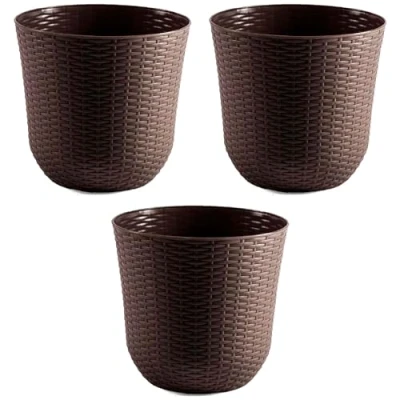 Imagen de AC Pack de 3 macetas Redonda Fabricación en plástico Diseño Rattan Ideal como macetero, Tiesto, Recipiente para Plantas, Flores, balcón, terraza, jardín Ø 33 cm Color Wengué