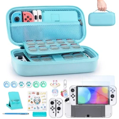 Imagen de innoAura Paquete de Accesorios NS Switch OLED Funda 18 en 1 Carcasa, Juegos, Protector Pantalla, Soporte, Grips Mando (Azul)